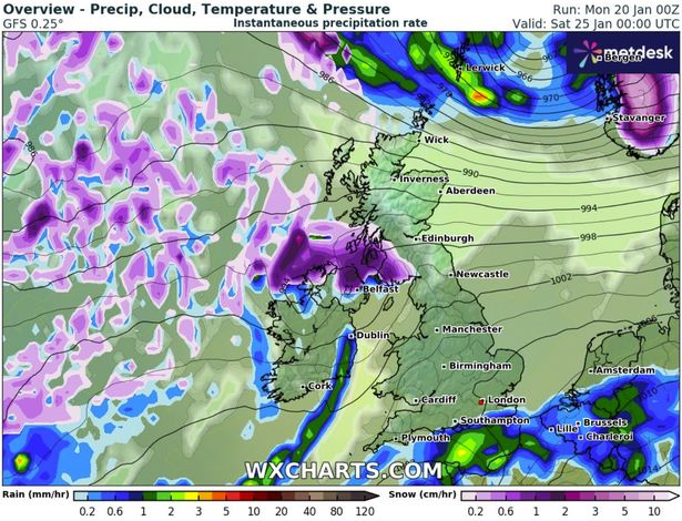 英国降雪：气象地图显示，本周两天的暴风雪将覆盖半个英国